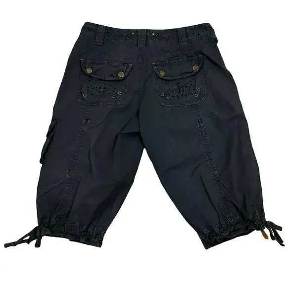 Hei Hei Anthropologie Shorts Women's 4 Cargo Bermuda Tie Hem Navy Eyelet Cotton - Picture 4 of 4